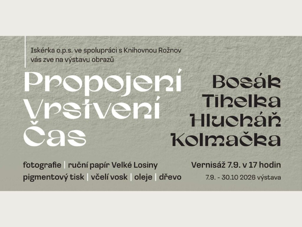 Pozvánka na výstavu obrazů Propojení – Vrstvení – Čas, vernisáž 7. 9. 2026 v 17 hodin