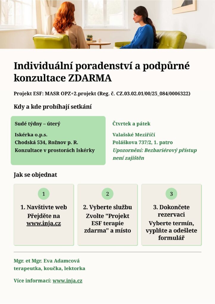 Plakát Individuální poradenství a podpůrné konzultace zdarma – termíny, místa a postup objednání